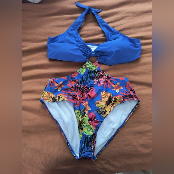 SHEIN Swim Blue And Tropical Bathing Suit Poshmark